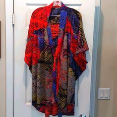 Multi Color Cover-Up With Connected Tie And Wide Boho Sleeves, Very Flowy And Classy,Looks Like Vintage Chanel Fits Any Size Casual Red V-neck Kimono, Red Summer Outerwear With Kimono Sleeves, Vibrant Red Tops For Fall, Vibrant Red Top For Fall, Red One-size Kimono For Fall, One Size Red Kimono For Fall, Red Kimono For Fall, Casual Red Open Front Kimono, Chanel Fits