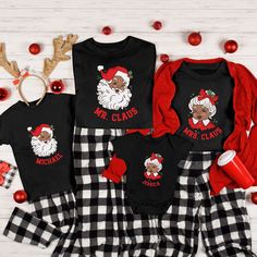 Family Christmas Shirts Black Santa Matching Christmas Shirts Custom Christmas Pajama shirt African American Personalized Family Group Shirt ORDERING INSTRUCTIONS 1-) Please, Check and Review all Photos. 2-) Choose Your T-Shirt Size from the Size Menu. 4-) Choose the quantity amount 5-) Click ADD TO CART. You can go back to add more products 6-) Please click the "Proceed to Check Out" button PRINT ▸ This is a Direct-To-Garment printed item ▸ The ink is printed INTO the fabric, not sitting on top of it WASHING INSTRUCTIONS ▸ Wash inside out, in cold water, on gentle cycle. Tumble dry low or let air dry ▸ Do not use Fabric Softeners or Bleach ▸ Do not dry clean. Avoid ironing on the design. SIZE ▸ Take a look at the photos to see a specific sizing chart for each shirt option Shirt color opti Black Long Sleeve Christmas T-shirt, Black Long Sleeve T-shirt For Family Matching, Casual Black T-shirt For Festive Occasions, Black Casual T-shirt For Festive Occasions, Black Crew Neck Shirt For Christmas, Festive Holiday Black Top, Black Winter Holiday T-shirt, Black Shirt For Winter Holiday, Black Top For Festive Holiday Occasions