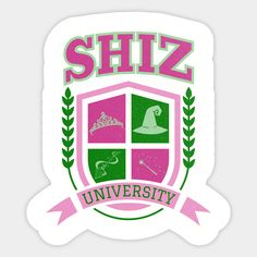 the logo for shiz university, which is pink and green with an image of a hat