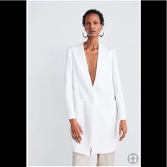 Zara White V-Neck Coat With Long Sleeves And Front Patch Pockets One Button In Front With Hidden Closure Size Xs Zara Coat, Zara Jackets, White Coat, Patch Pocket, Trench Coat, Zara, Jackets For Women, Jackets & Coats, V Neck