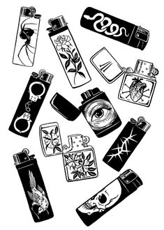 an assortment of lighters are shown in black and white