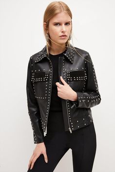 A Timeless Leather Jacket Enhanced With Statement Details. This Studded Design Creates A Bold Statement No Matter How It'S Worn. In A Clean-Lined, Structured Design, It'S Cut In A Boxy Fit To Always Make An Authoritative Style Statement. Completed With A Chest Pockets And Silver-Toned Zips, The Glossy Metallic Studs Make This Eye-Catching Design An Unforgettable Closet Addition. Leather Shorts Women, Motorcycle Rides, Biker Look, Studded Leather Jacket, Leather Jumpsuit, Studded Jacket, Western Jacket, Rugged Style, Leather Shirt