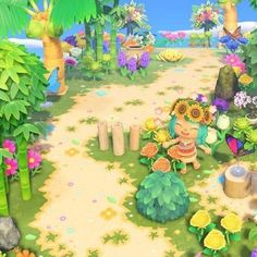 an animal crossing through a lush green forest filled with flowers and plants on a sunny day