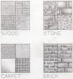 several different types of bricks are shown in black and white, with the words wood, stone, carpet, brick