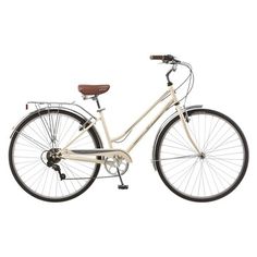 a white bicycle with brown seat and handlebars on the front wheel, against a white background