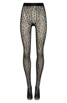 Bold leopard spots bring personality and flair to these sheer tights with a lacy effect that brings out your wild side. Elastane/polyamide Machine wash, dry flat Made in Italy Stretch Lace Tights For Night Out, Black Lace Stretch Tights, Sheer Lace Stretch Tights, Sheer Lace Fitted Tights, Fitted Elegant Leopard Print Bottoms, Elegant Fitted Leopard Print Bottoms, Outfit Builder, Leopard Tights, Lace Tights