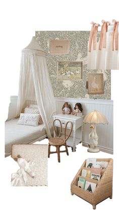 a collage of photos with dolls and furniture in it, including a bed, desk, chair, lamp and pictures on the wall