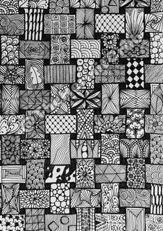 a black and white drawing of many different patterns