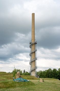 a tall tower sitting on the side of a lush green field next to a forest