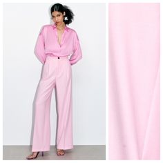 Nwt. Zara Pink Viscose Blend Wide Leg Menswear High-Waisted Pants/Trousers With Front Pleats, Front Pockets And Back False Welt Pocket, Wide Leg, Front Zipper, Metal Hook, And Inside Button Closure. Size Xs. Ref. 1608/124. Waist 13" Flat, Rise 13,5", Inseam 32,5". X Pink Trouser Outfit Women, High-waisted Summer Office Pantsuit, Summer High Waist Office Pantsuit, High Waist Summer Pantsuit For Office, Classic Pink Pants For Spring, Tailored High Waist Wide Leg Pants For Spring, Chic Wide Leg Pants For Daywear, Chic Fitted Wide Leg Pants For Daywear, Elegant High Waist Pink Pantsuit