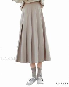 Lasaky - Chic High-Waist Long Dress for Women's Fashion Beige A-line Pleated Skirt For Fall, Casual Beige A-line Pleated Skirt, Casual Fall Midi Dress With Pleated Waist, Beige Pleated Skirt For Spring, Beige Solid Color Pleated Skirt For Spring, Casual Beige Flared Skirt Dresses, Casual Beige Dresses With Flared Skirt, Casual Beige Dress With Flared Skirt, Casual Beige Flared Dress