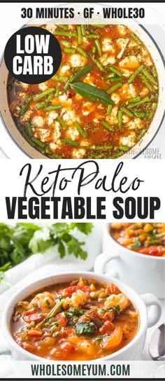 a poster for a vegetable soup with the title low carb keto paleo vegetable soup