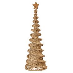 a christmas tree made out of twine with a star on the top and an ornament attached to it