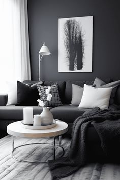 Black Couch Living Room Ideas: Cozy Layered Look with Blanket Small Black Living Room Ideas Apartment, Black Furniture Room Ideas, Charcoal Couch Living Room Ideas, Apartment Living Room Black Couch, White Grey Black Living Room, Grey And Black Living Room Ideas, Grey White And Black Living Room, Grey Decor Living Room, Living Room Designs Black Couch