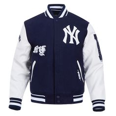 The Pro Standard Premium MLB New York Yankees Old English Men's Rib Wool Varsity Jacket (Midnight Navy/White) Yankees Jacket, Track Suits Women, Mlb Yankees, English Men, Leather Sleeves, Embroidery Patch, Sports Apparel, Leather Sleeve, Midnight Navy