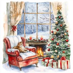 a watercolor painting of a cat sitting on a chair in front of a christmas tree