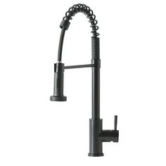 a black faucet mounted on the side of a sink with a hose attached to it