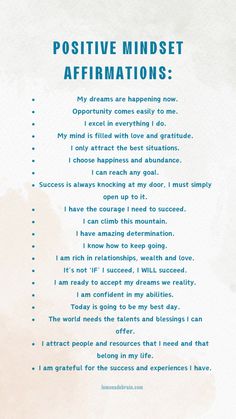 a poem written in blue and white with the words positive minds affirmations