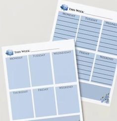 two blue and white weekly planner pages on top of each other with the words, this week