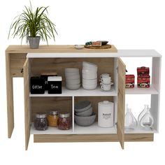 an open shelf with various items on it and a potted plant next to it