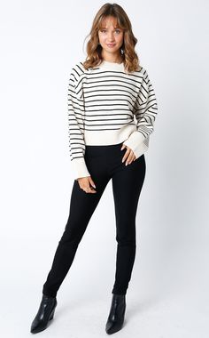 Striped Ivory Black Sweater Long Sleeves Crew Neckline Material: 76% Acrylic, 24% Cotton White Long Sweater Outfit, Stripe Sweater Outfit, Black And White Stripe Sweater, Pullover Sweaters Outfits, Striped Sweater Outfit, Winter Sweater Outfits, Sweater Outfit, Stylish Work Outfits, Black Sweater