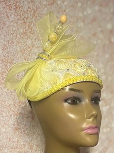 Yellow Flower Fascinator Half Hat, Church Head Covering, Headwear, Tea Parties, Weddings, and other Special Occasions 11X8 inches  Yellow satin hat is trimmed with beads, bows and a hat pin. The hat pin may vary and is for decorative purposes only and not to be used to hold hat to the head. The hat is affixed to the head via a hat string. Handmade gifts for women: wife, mother, sister, daughter or girlfriend. SHIPPING All items for free shipping will be shipped via USPS FIRST CLASS MAIL. Fitted Headband Bonnet For Wedding, Yellow Fitted Headpiece For Races, Adjustable Yellow Headpiece For Church, Adjustable Yellow Headpiece For Wedding, Yellow Adjustable Headpiece For Church, Elegant Bonnet For Wedding, One Size Fits Most, Elegant Wedding Bonnet, One Size, Adjustable Yellow Wedding Headpiece, Fitted Mini Hats With Matching Headband For Kentucky Derby