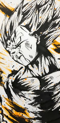 a drawing of gohan with yellow and black paint splatters