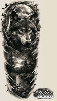 a wolf tattoo on the side of a man's arm with trees and birds around it