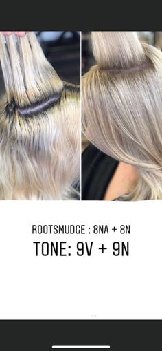 Blonde With Grey Undertones, Grey Hair To Blonde Shades, Smudge Hair Color Blondes, Root Smudge Blonde Formula Wella, Root Formula Shades Eq, Redken Shades Toner Formulas, Blonde Root Smudge Formula, Root Smudge Blonde Before And After, Redken Shades Eq Formulas Blondes Root Tap