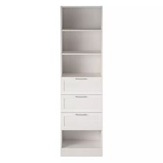 a white bookcase with two drawers on the bottom and one drawer in the middle