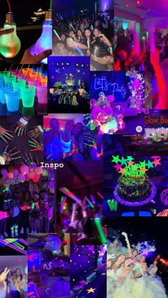 a collage of photos with neon colors and people dancing in the background at a party