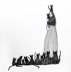 a black and white drawing of a woman in a long dress with cats on her back