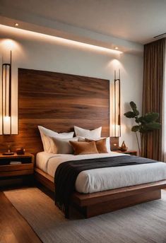 Interior Design Inspo Backdrop For Bedroom, Wooden Interior Design Bedroom, Modern Primary Bedroom Ideas, Masculine Mid Century Modern Bedroom, Hotel Like Bedroom, Bedroom Ideas Wooden Bed, Modern Warm Bedroom, Mcm Bedroom Ideas, Bedroom Headboard Design