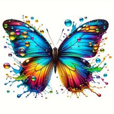 a colorful butterfly with drops of water on it's wings, and bubbles in the air