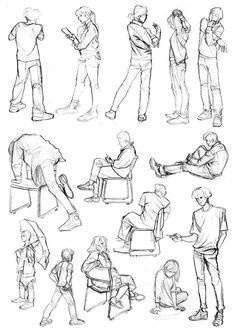 sketches of people sitting and standing around each other