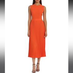 Item #20047069 From Donna Morgan, This Dress Features: Stretch Crepe Fabrication A-Line Silhouette Crew Neckline Sleeveless Waist Seam Sunburst Pleated Skirt Midi Length Back Zipper Closure Approx. 48.75" Length Polyester/Spandex Machine Wash Cold/Dry Flat Imported. Color: Koi Orange Size: 2 Sleeveless Orange Midi Cocktail Dress, Orange Sleeveless Midi Cocktail Dress, Fitted Sleeveless Orange Midi Dress, Elegant Sleeveless Orange Midi Dress, Elegant Orange Sleeveless Midi Dress, Orange Pleated Sleeveless Midi Dress, Pleated Skirt Midi, Skirt Midi, Stretch Crepe