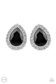 Glassy white rhinestones spin around a faceted black teardrop gem for a regal look. Earring attaches to a standard clip-on fitting. Sold as one pair of clip-on earrings. Sparkle Fashion, 5 Dollar, Hammered Hoop Earrings, Gold Filled Hoops, Fashion Influencer, Glam Style, Fun Jewelry, Paparazzi Accessories, Exclusive Jewelry