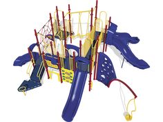 the playground equipment is blue and yellow