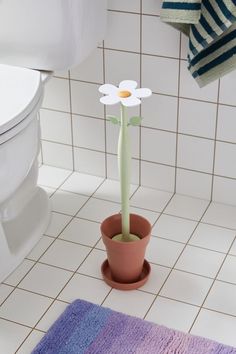 a potted plant with a single white flower in it sitting on a bathroom floor next to a toilet