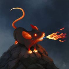 a rat on top of a rock with fire coming out of its mouth