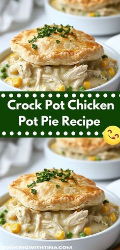 crock pot chicken pot pie recipe in white bowls