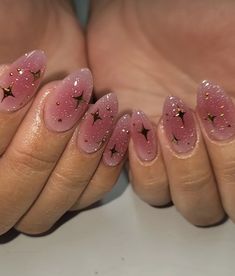 pink sparkle star nails Builder Gel Nails Design Pink, Jelly Pink Nails Design, Blush Nails With Stars, Love Witch Nails, Gel Manicure Inspo Short, Pink Nails Unique, Era Tour Nail Ideas, Pink Nails With Gold Stars, Witchy Vibes Nails