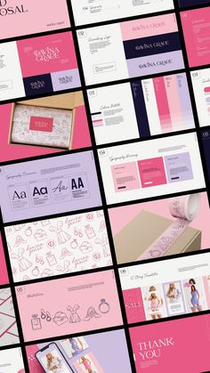 many different types of business cards and envelopes with pink, purple and white designs