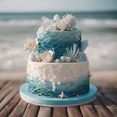 Fancy Wedding Cake Wedding Cakes Beach Theme, Wedding Cake Ocean Theme, Beachy Wedding Cake, Beach Themed Birthday Cakes, Sea Cake Ideas, Beach Cake Ideas, Ocean Cake Ideas, Beach Theme Birthday Cake, Beach Wedding Cake Ideas