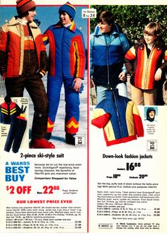 Childhood Memories •~• Montgomery Ward winter outerwear 70s Ski Lodge, Vintage Sports Clothing, Vintage Fashion 1970, Retro Ski, Montgomery Ward, Winter Outerwear, Seventies Fashion, Ski Suits