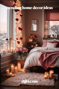 a bedroom decorated with candles and roses in the window sill, next to a bed