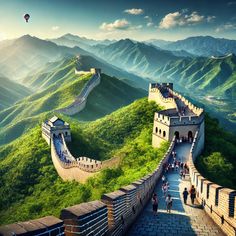 an aerial view of the great wall of china with hot air balloons flying over it