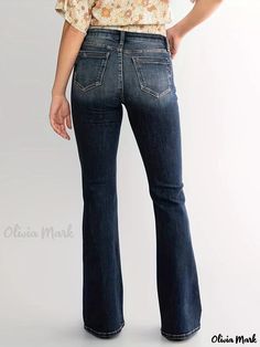 Olivia Mark - Double Button Whiskering Flare Leg Jeans, Mid Waist Retro Faded Watter Tipple Embossed Denim Pants, Women's Denim Jeans & Clothing High Rise Flare Jeans With Buttons For Fall, Dark Wash Flare Jeans With Buttons For Fall, Casual Flare Bottoms With Buttons, Medium Wash Full-length Bottoms With Button Closure, Medium Wash Full Length Bottoms With Button Closure, Mid-rise Denim Flare Jeans With Buttons, Full Length Medium Wash Bottoms With Button Closure, Mid-rise Flare Jeans With Button Closure For Fall, Mid-rise Button Closure Flare Jeans For Fall