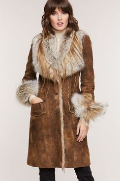 Georgia Distressed Lambskin Leather Coat with Coyote Fur Trim | Overland Classic Sheepskin Coat With Faux Fur Trim, Classic Sheepskin Fur Coat With Faux Fur Trim, Elegant Sheepskin Fur Coat With Faux Fur Trim, Luxury Fur Coat With Feather Trim For Winter, Luxury Winter Fur Coat With Feather Trim, Luxury Fur Coat With Feather Trim For Fall, Luxury Feather-trimmed Fur Coat For Fall, Luxury Sheepskin Fur Coat For Fall, Luxury Fall Fur Coat With Faux Fur Trim