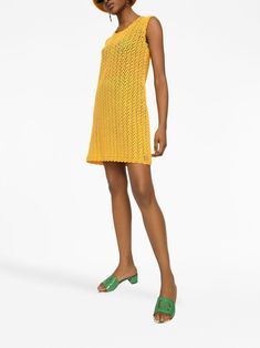 Dolce & Gabbana Sleeveless crochet-knit Mini Dress - Farfetch Dolce Gabbana Dress, Sleeveless Short Dress, Crochet Summer, Versace Outfit, City Dress, Dress Yellow, Dolce E Gabbana, Summer Beach Wear, Knit Mini Dress